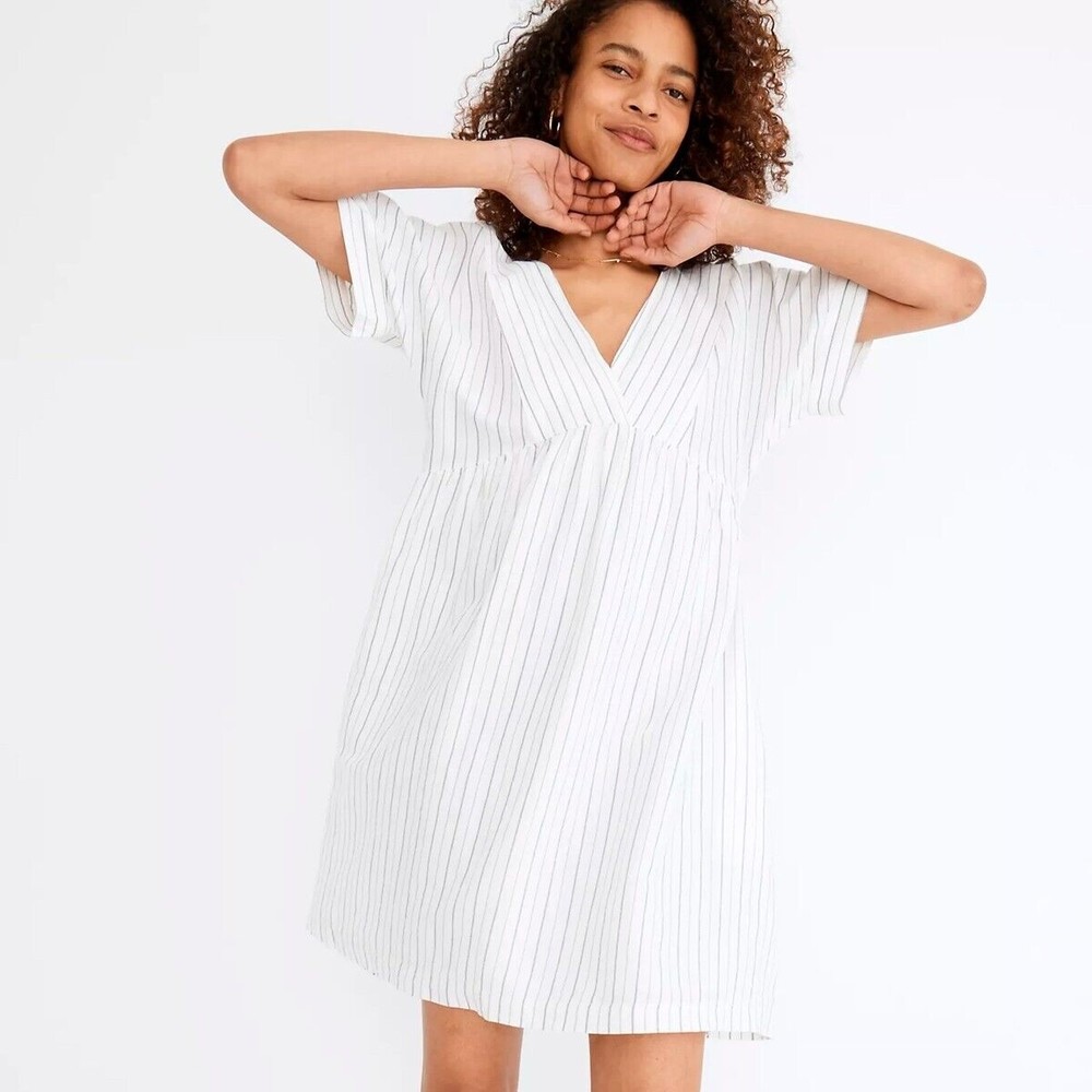 Madewell White Striped V-Neck Dress